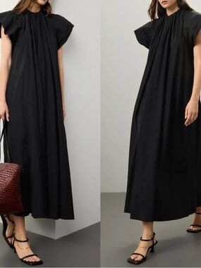 MM6 Maison Margiela Gathered Black Short Sleeve Cotton Maxi Dress Size S/IT 40